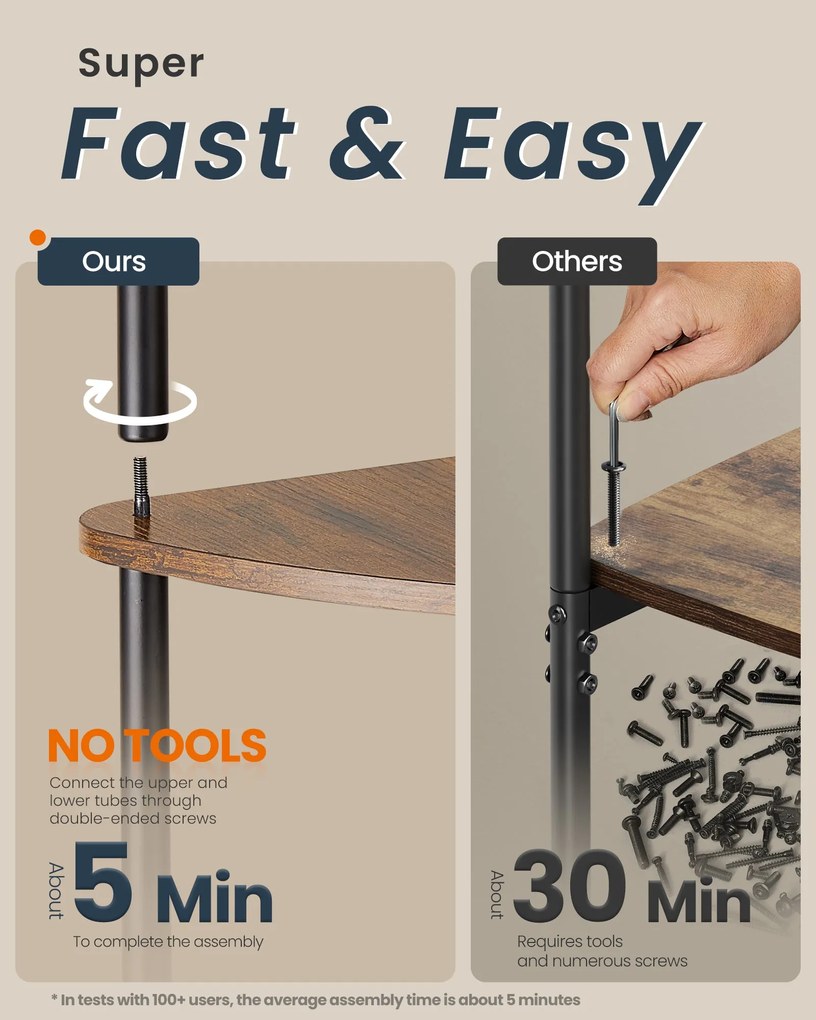 5 szintes sarokpolc, gyors összeszerelés, rusztikus barna tároló állvány