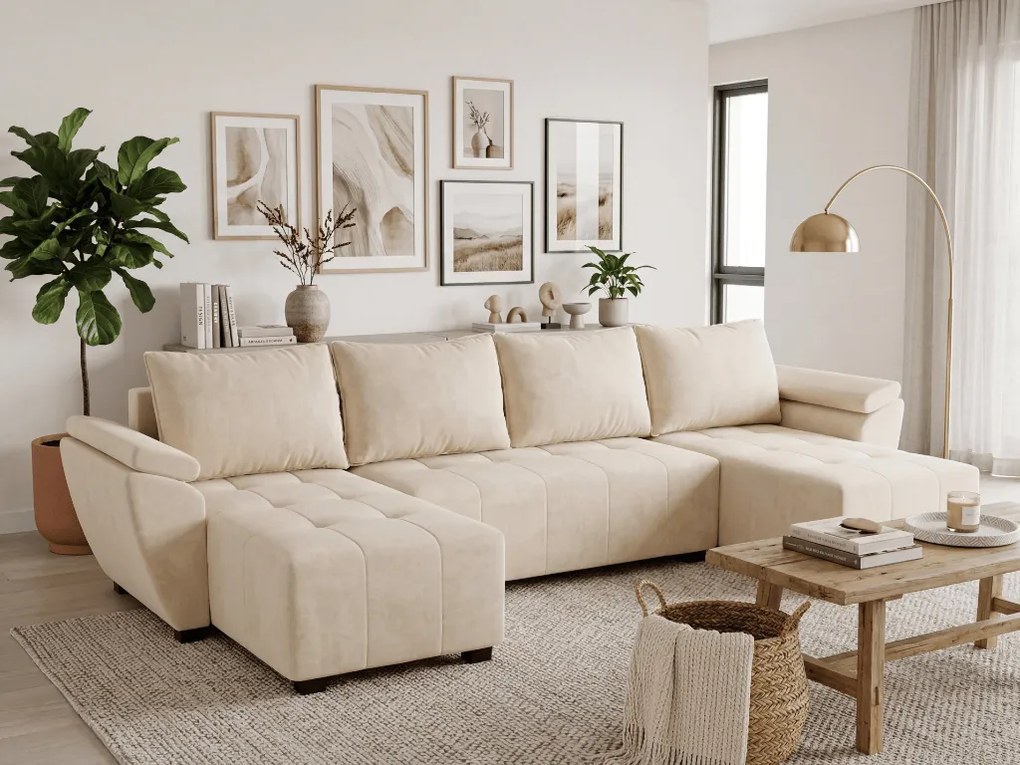 Kinyitható U alakú ülőgarnitúra LIVARO 305x140 cm, krémszínű