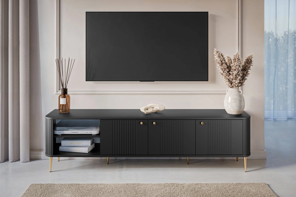 Vesper 3D TV-szekrény 187 cm - fekete / arany lábak