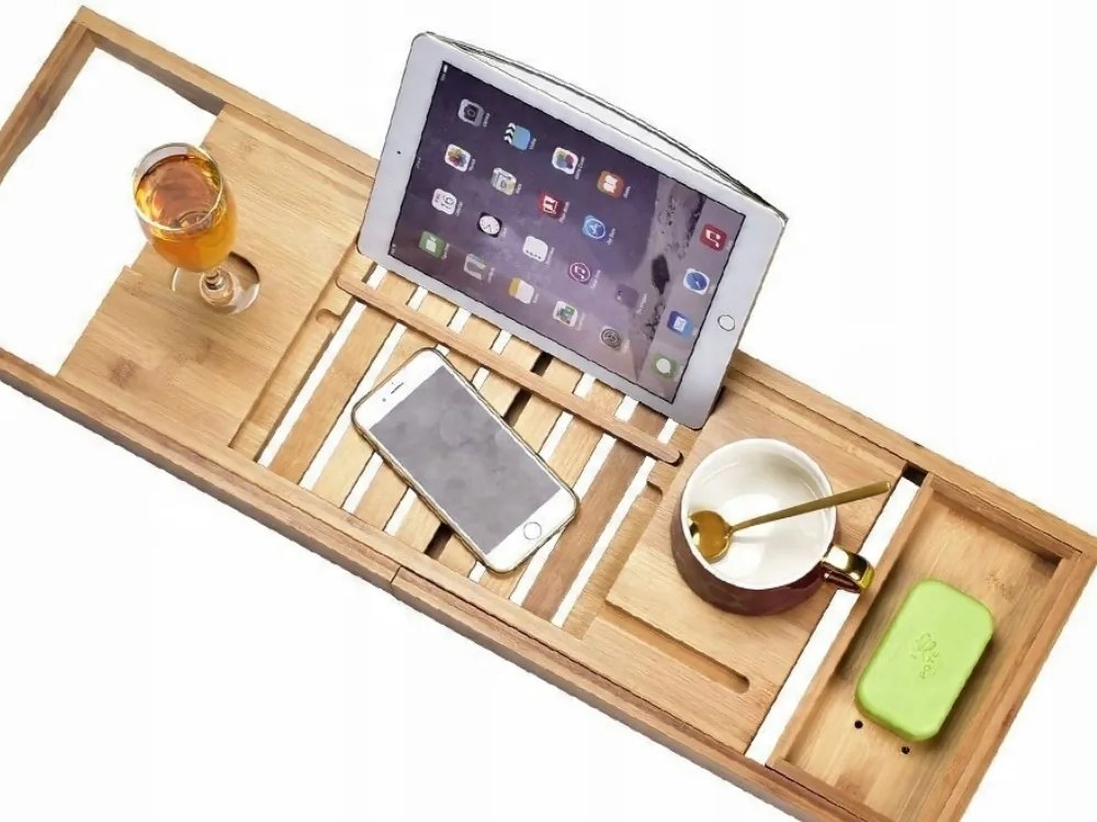 75x20 cm-es fa fürdőszobai polc tablet tartóval és tálcával