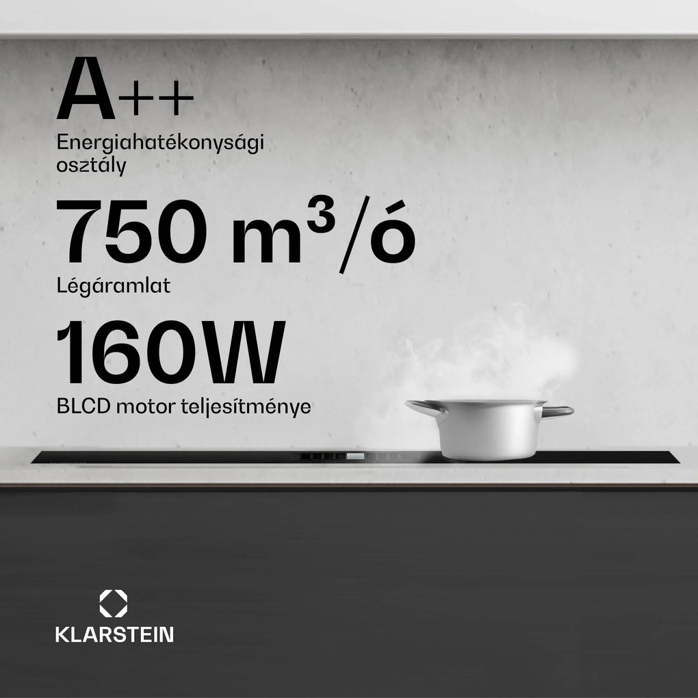 Klarstein AirJet Hybrid Down Air System, Indukciós főzőlap beépített páraelszívóval, 745 m³/h, EEK A++