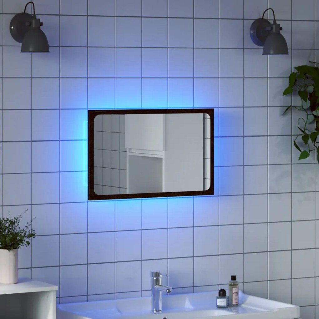 barna tölgy szerelt fa LED-es fürdőszobatükör 60 x 8,5 x 38 cm