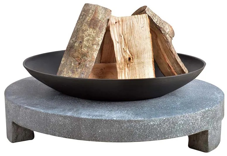 Öntöttvas tűzrakó tál kör alakú terrazzo gránit lapon, 59 cm átmérőjű
