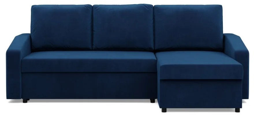 Zeus sarokkanapé, 2 ágyneműtartóval, döntött kartámasz, bársony, univerzális oldal, hab töltet, kék