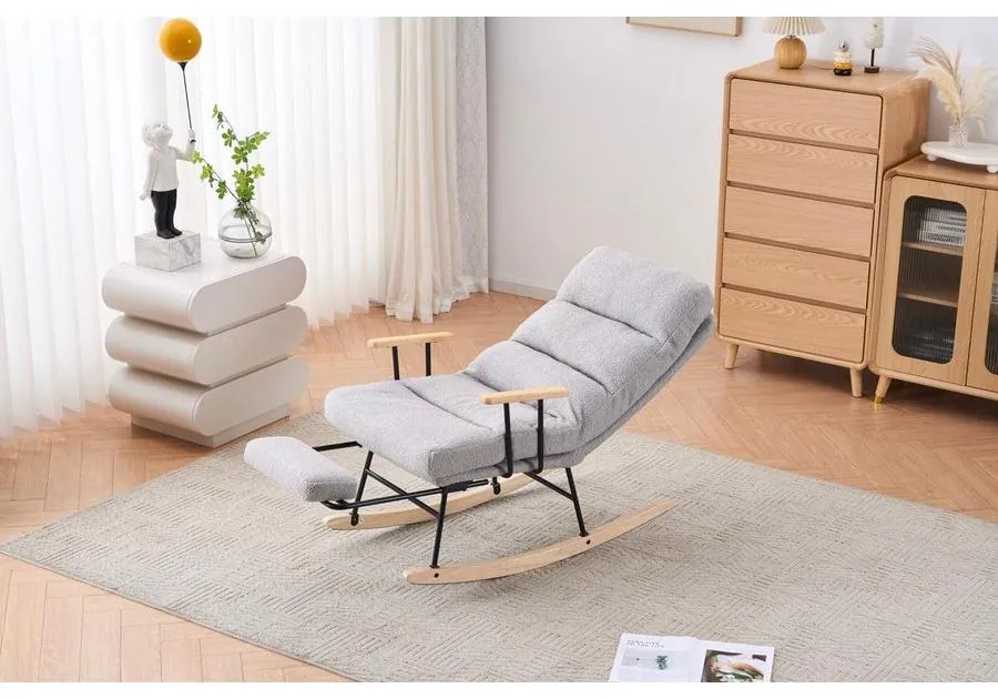 Hintaszék fa lábakkal, plüss szövettel, 4 fokozatban állítható háttámlával,  Szürke színben