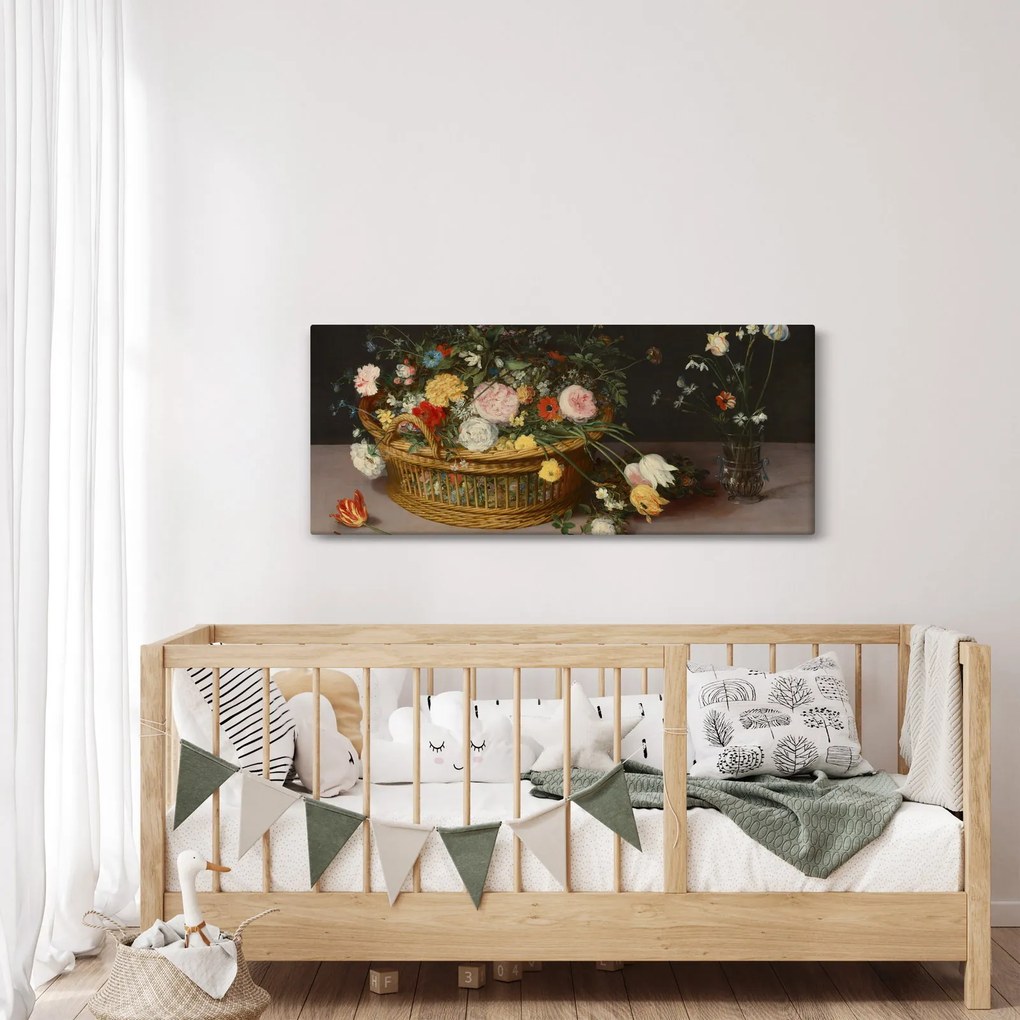 Kép - Jan Brueghel the Elder, Flowers in a Basket and a Vase, reprodukciók (120x50 cm)