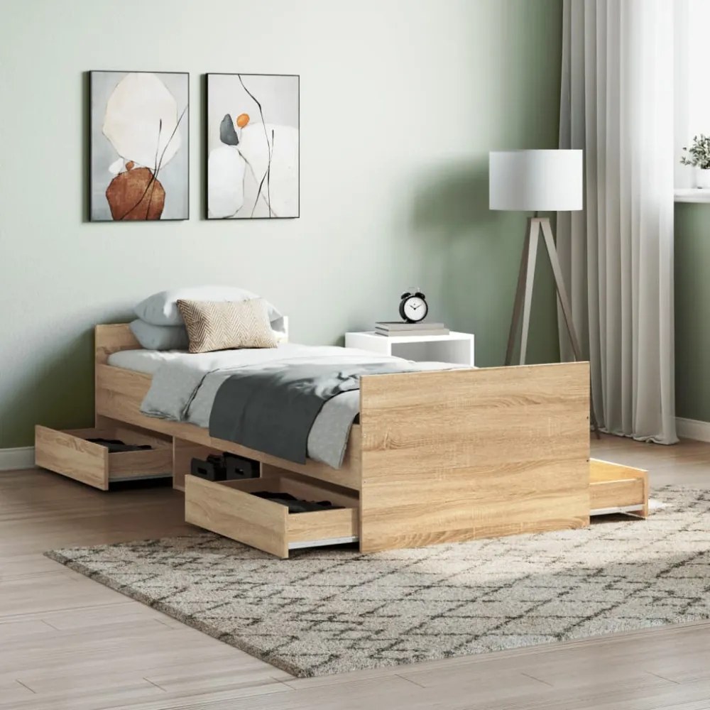 sonoma tölgy színű ágykeret fej- és lábtámlával 75 x 190 cm