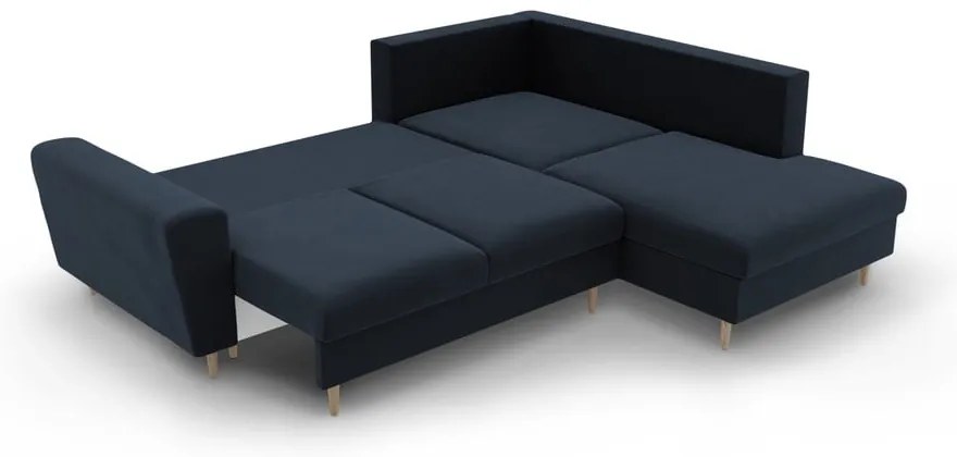 Sötétkék bársony kinyitható tárolóhelyes sarokkanapé (jobb oldali-L alakú) Kyoto – Cosmopolitan Design