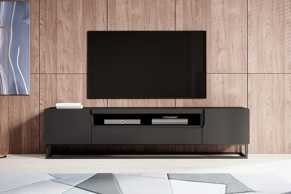 Loftia RTV szekrény 200 cm nyitott résszel és fém vázzal - fekete / fekete matt