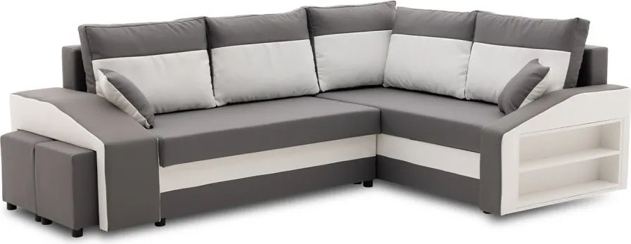 Grande sarokkanapé polcokkal és puffokkal , polc a jobb karfaban puffok a bal karfaban, jobboldali, szövet anyag, hab töltet, szürke - fehér
