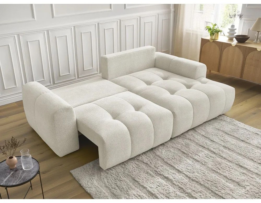 Fehér zsenília kinyitható-tárolóhelyes sarokkanapé (jobb oldali-heverő résszel) Roxelane – Bobochic Paris