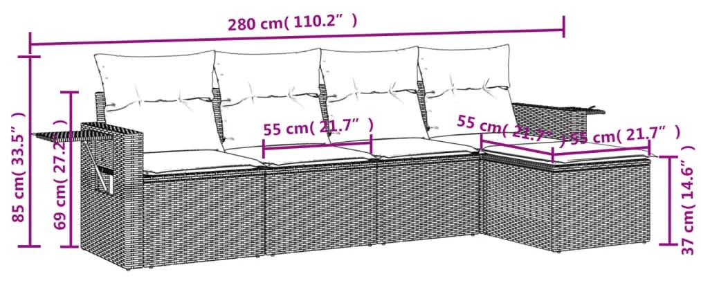 5 részes fekete polyrattan kerti kanapészett párnákkal