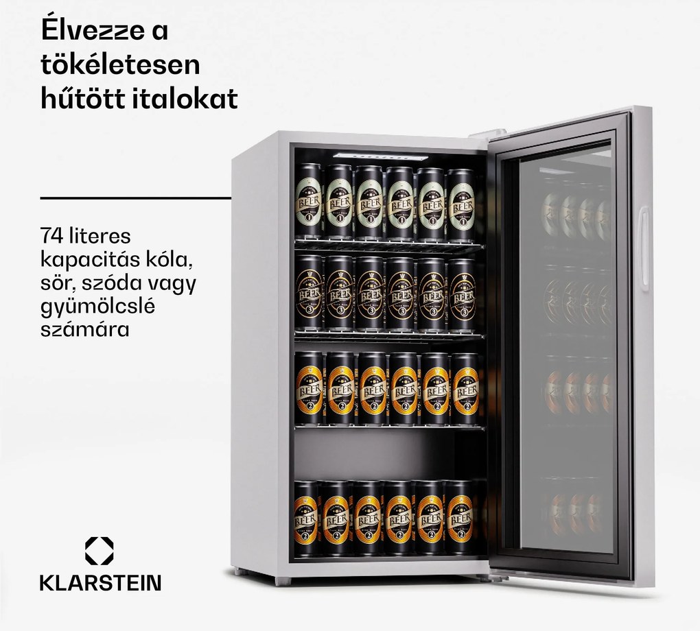 Klarstein Beersafe 74 Slim, hűtőszekrény, 74 liter, 3 polc, panorámás üvegajtó