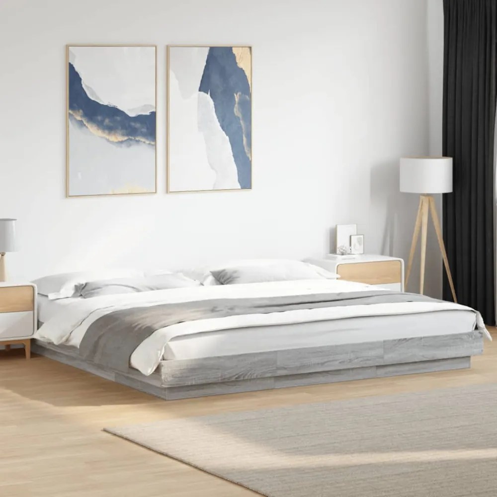 szürke sonoma színű szerelt fa ágykeret LED-del 200x200 cm