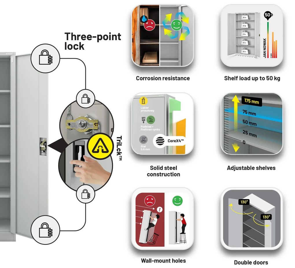 Fém iratszekrény JAN, 900 x 1850 x 400 mm, szürke