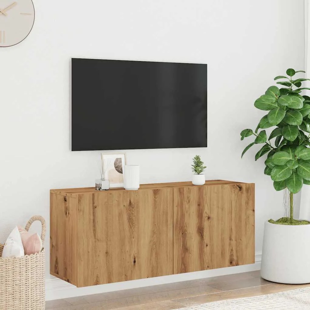 kézműves tölgy színű falra szerelhető TV-szekrény 100x30x41 cm