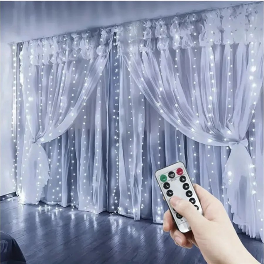 300 micro LED-es USB-s beltéri fényfüggöny, 8 világítási móddal, távirányítóval, hideg fehér