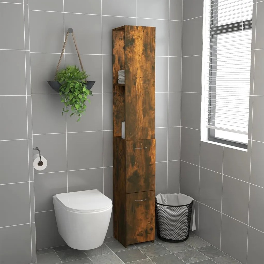 Füstös tölgy színű szerelt fa fürdőszobaszekrény 25x26,5x170 cm