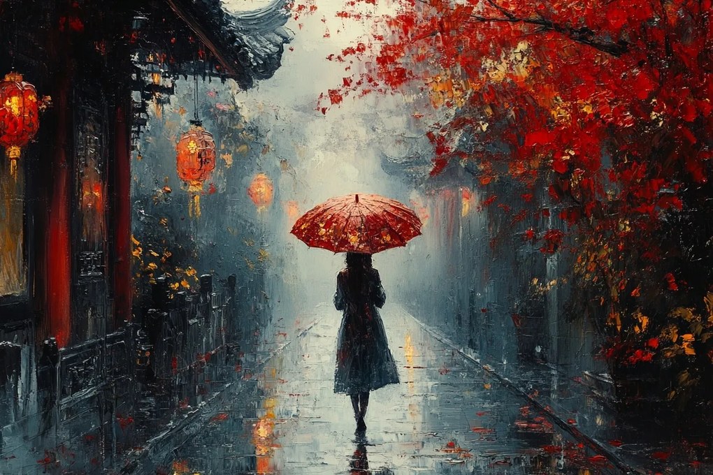 Vászonkép Canvas Nő Esernyő Keleti Utca Őszi Köd 120x80