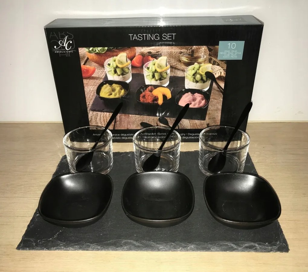 Professzionális Mártogatós Szósz Tálaló Készlet pala tálcán Fekete