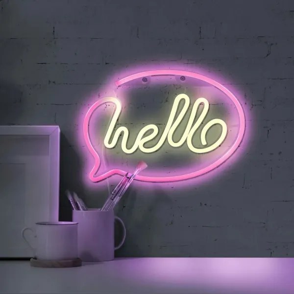 LED Neon falidekoráció HELLO 3W USB, rózsaszín, 3xAA