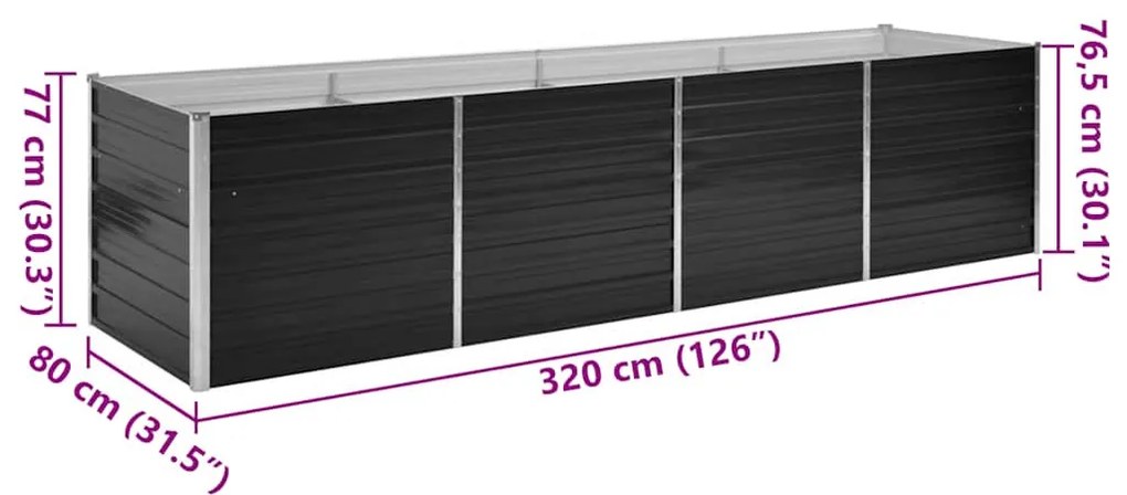 antracitszürke horganyzott acél kerti magaságyás 320x80x77 cm