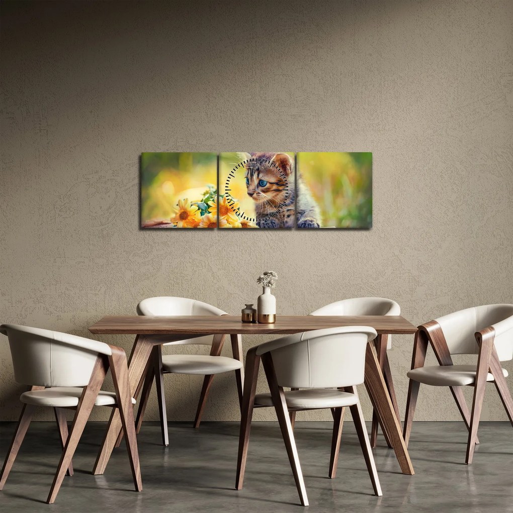 Macska képe ahogy a virágot nézi (órával) (90x30 cm)
