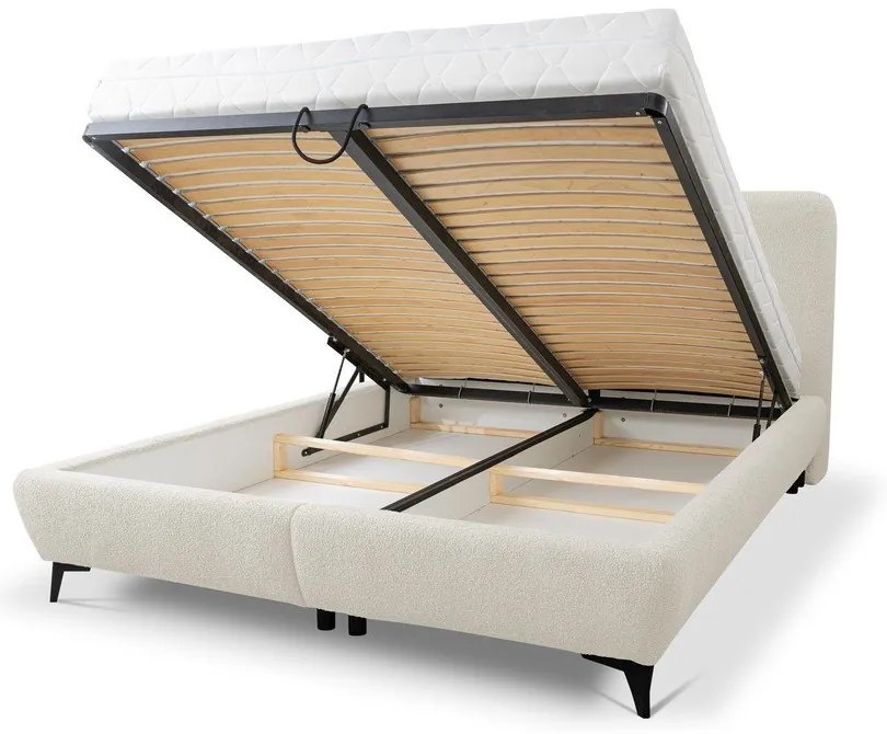 Bézs kárpitozott ágyneműtartós franciaágy ágyráccsal 140x200 cm Makapu – Makamii