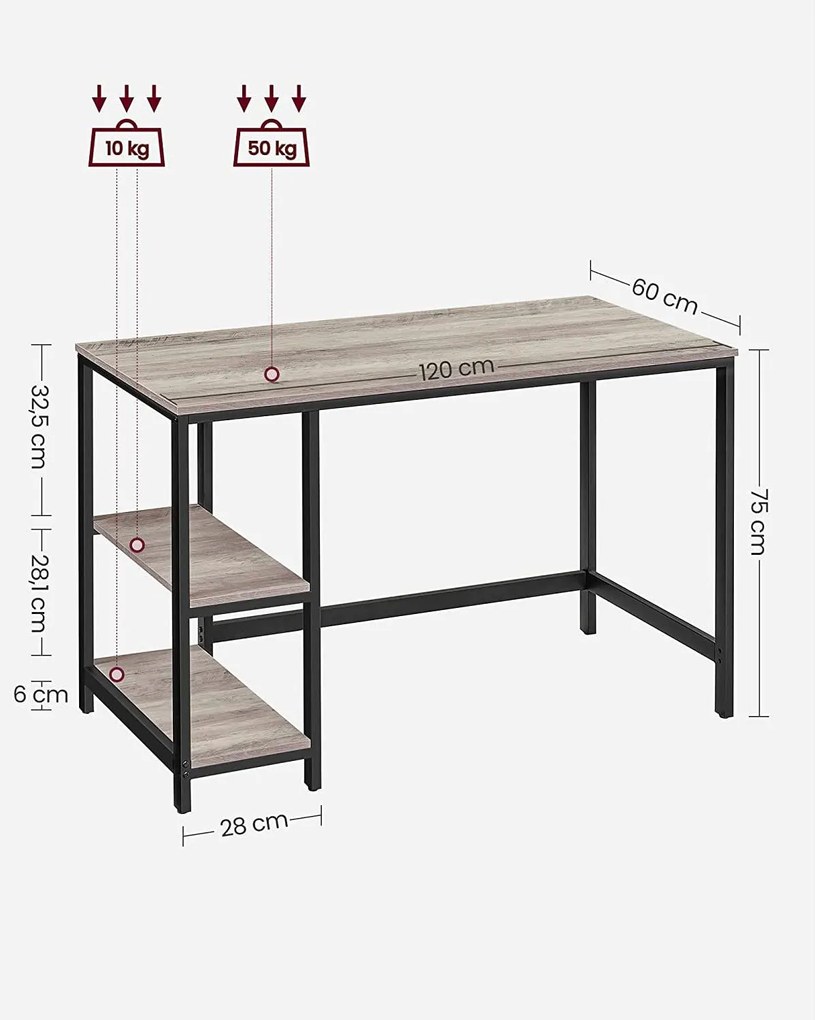 Íróasztal 120x60 cm, számítógépes asztal 2 polccal bal vagy jobb oldalon, greige