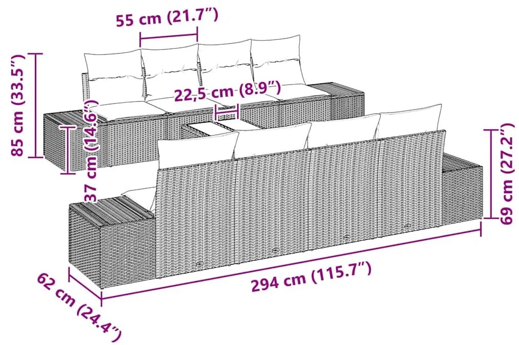 Kerti Kanapé Szett párnával 7 pcs Fekete 294 x 62 x 69 cm