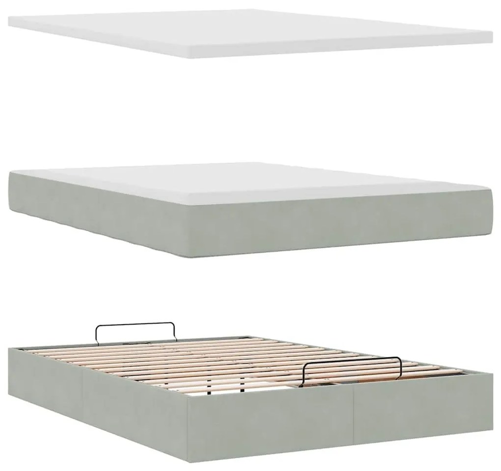 Ottomán ágykeret matraccal világosszürke 140x190 cm bársony