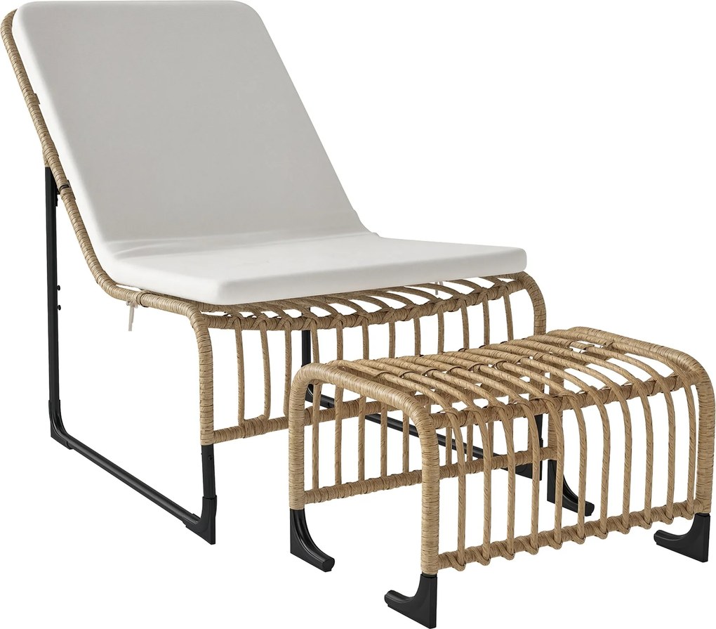 Outsunny Rattan Relax Fotel Lábpihentetővel UV Ellenálló Kerti Fotel Párnákkal Kültéri Rattan Fotel Kerthez, Erkélyhez, Teraszhoz Természetes Fa | Aos