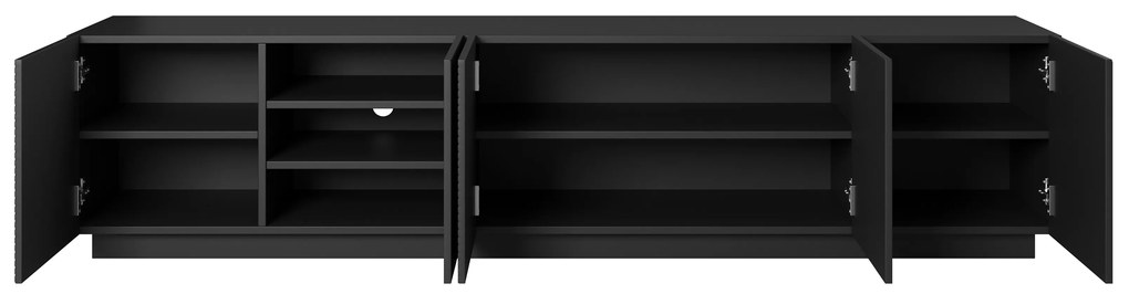 Asha RTV szekrény 200 cm bordázott előlapokkal – fekete matt