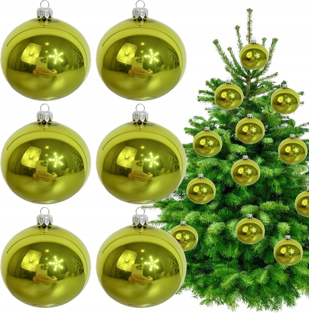6 darabos szett Lengyel Lime Zöld Üveg Díszgömb szett, Karácsonyfadísz, Zöld, 8 cm