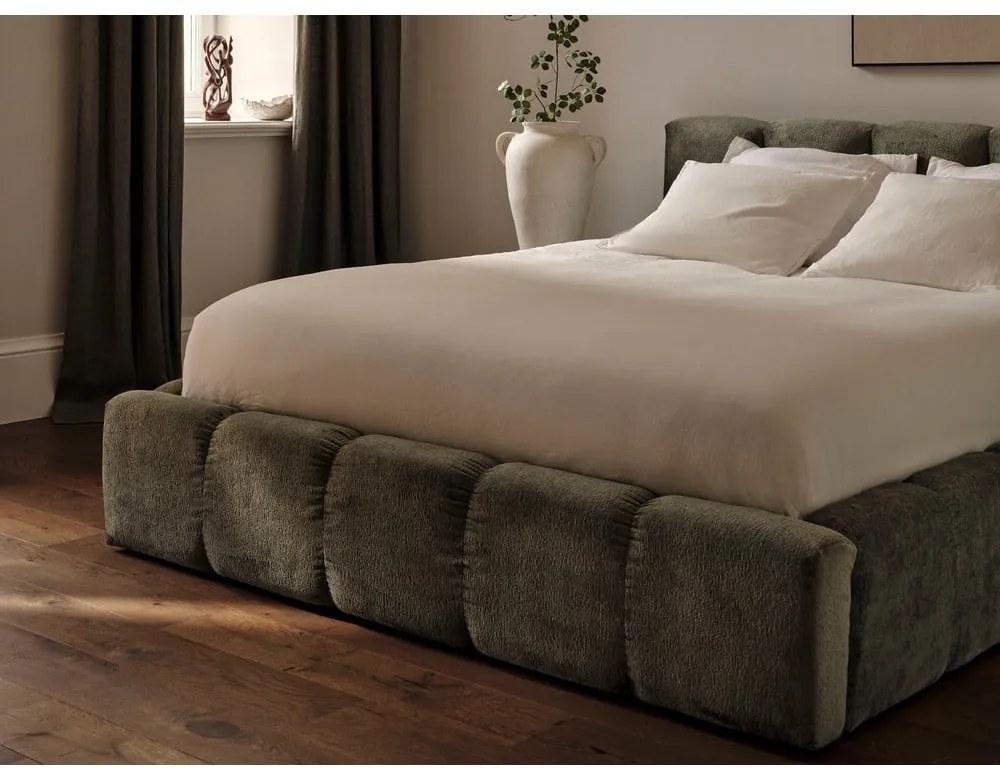 Zöld kárpitozott ágyneműtartós franciaágy ágyráccsal 200x200 cm Lupine – Micadoni Home