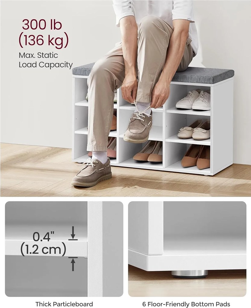 Cipőpad, Tárolópad párnázott üléssel, 9 rekesszel, fehér