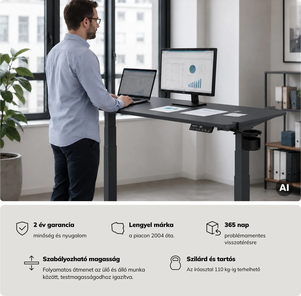 Elektromos íróasztal magasságállítással ergonomikus antracit,1400x700 mm: ARIA