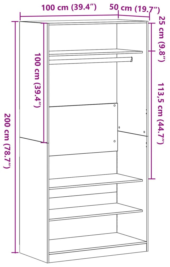 Fekete Tölgy Ruhásszekrény 100 x 50 x 200 cm - MDF-ből készült