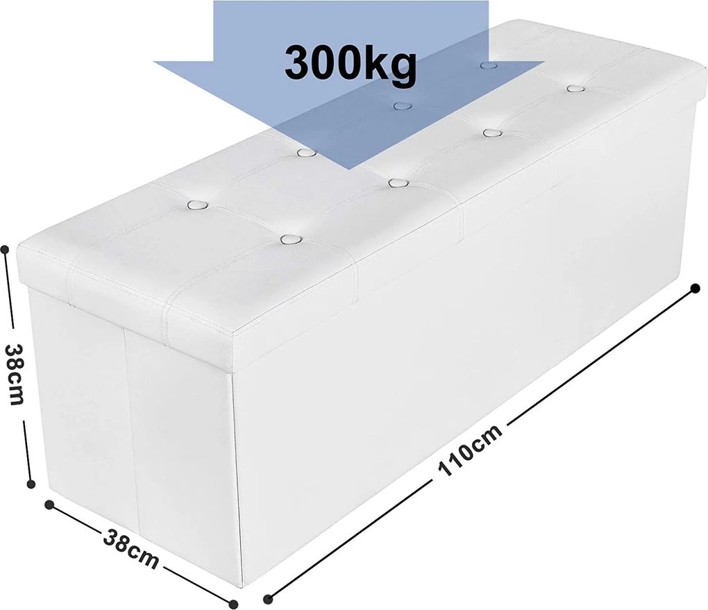 Puff 38 x 110 x 38 cm, műbőr összecsukható tároló ottomán pad, fehér