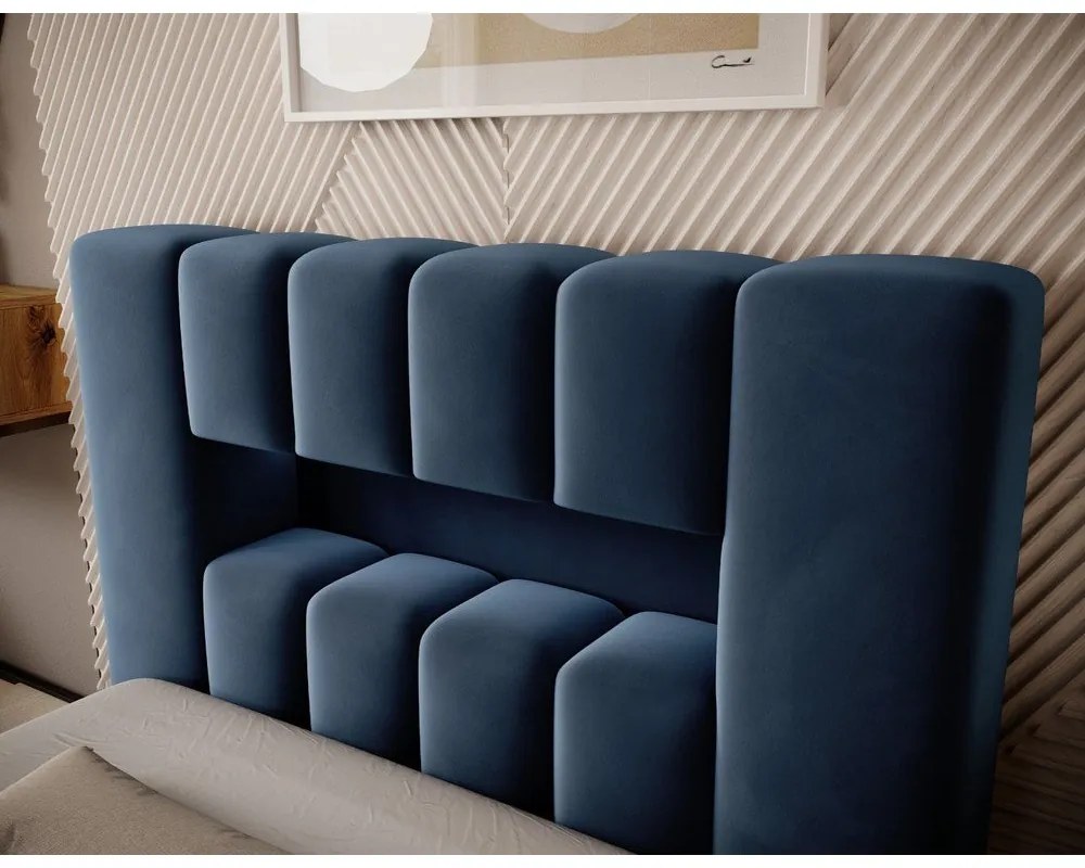 Sötétkék kárpitozott ágyneműtartós egyszemélyes ágy ágyráccsal 90x200 cm Lamica – ELTAP