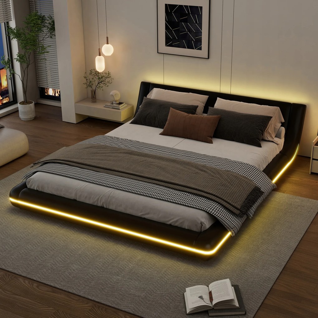 Kárpitozott franciaágy 160*200cm Pu távirányítós Led fekete