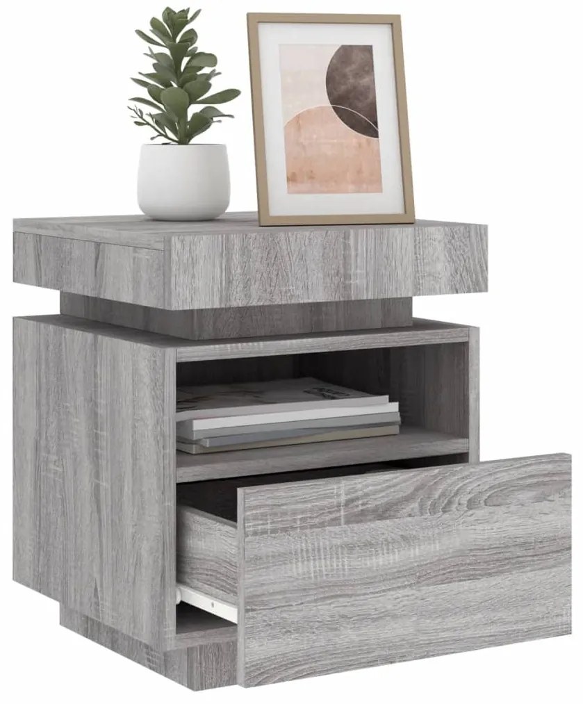 2 db szürke sonoma éjjeliszekrény LED-fényekkel 40x39x48,5 cm