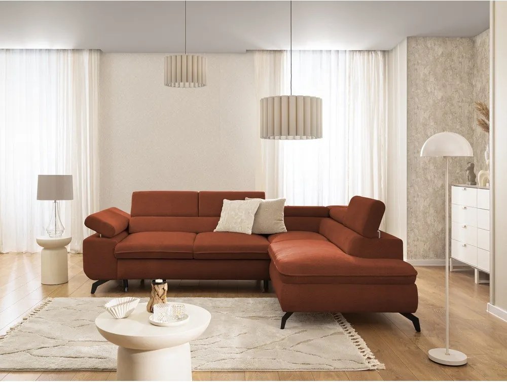 Terrakotta színű zsenília sarokkanapé (jobb oldali-L alakú) Marbeya – Ropez