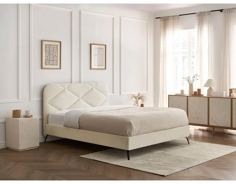 Bézs kárpitozott franciaágy ágyráccsal 160x200 cm Prune – Bobochic Paris