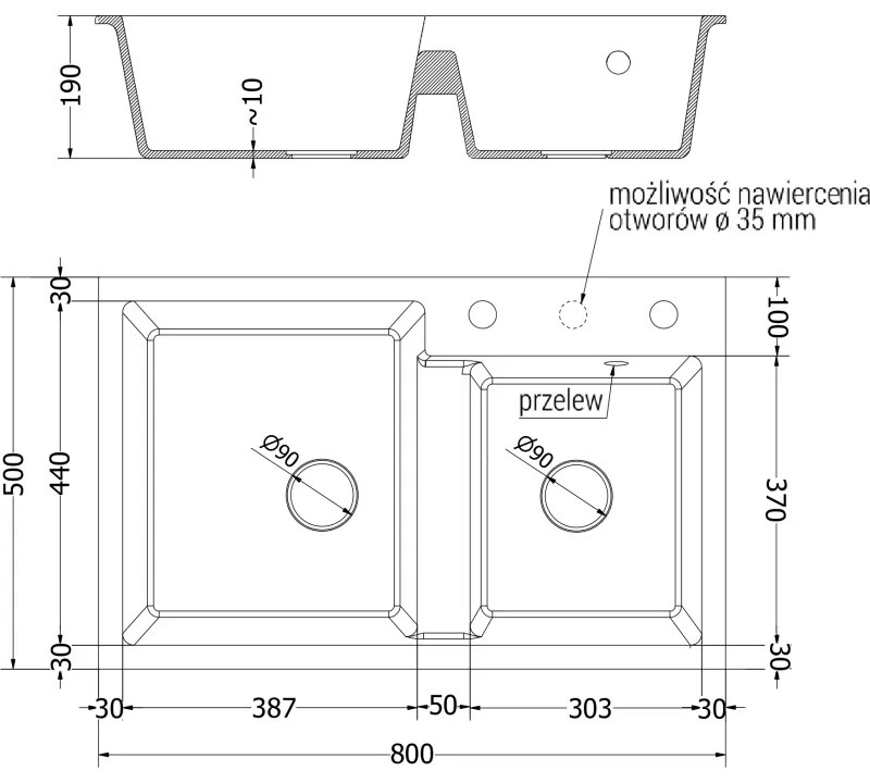 Mexen Tomas, gránit mosogató 800x500x190 mm, 2 kamrás és fekete Telma csaptelep, fekete-ezüst metál, 6516-73-670200-70-B