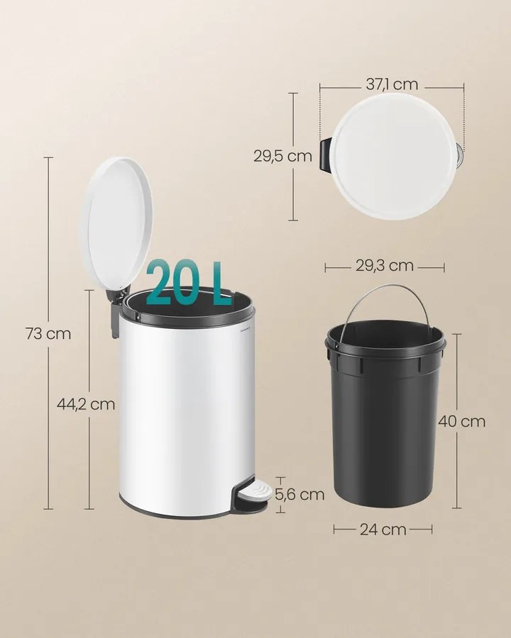 Fém kerek konyhai szemetes, 20 L, pedálos, levehető belső vödörrel, fehér