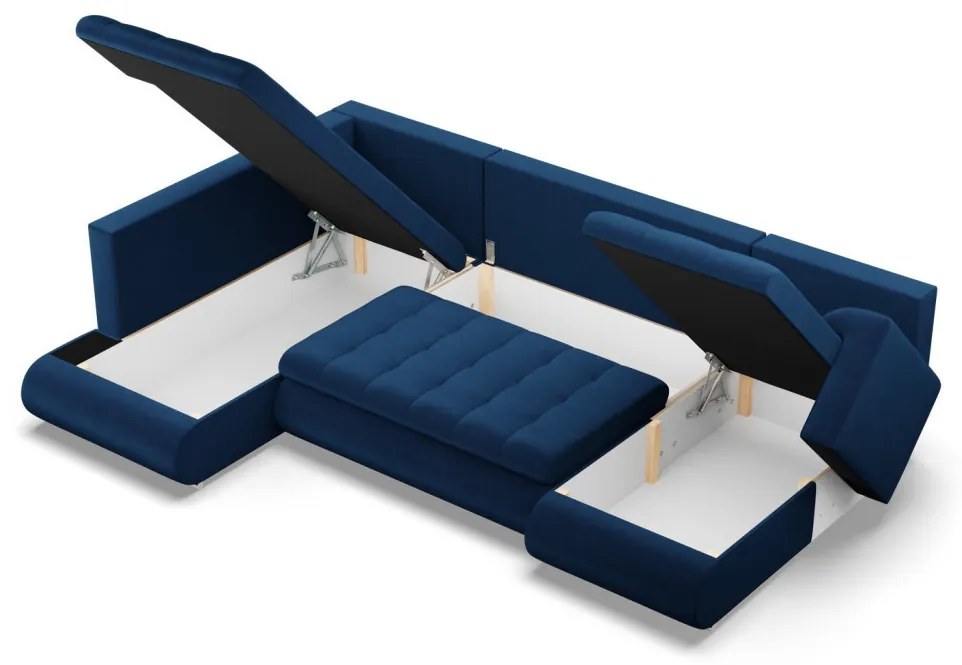 Tokio U sarokkanapé, 3 ágyneműtartóval, bársony, baloldali, kék