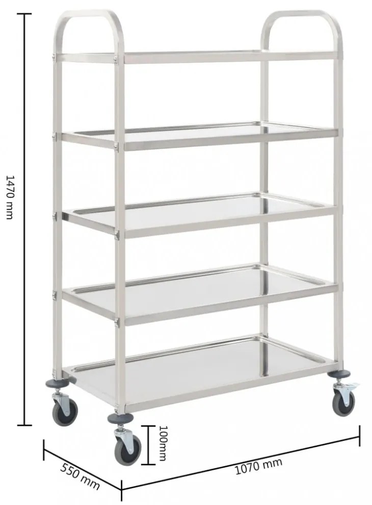 vidaXL 5 szintes rozsdamentes acél zsúrkocsi 107 x 55 x 147 cm