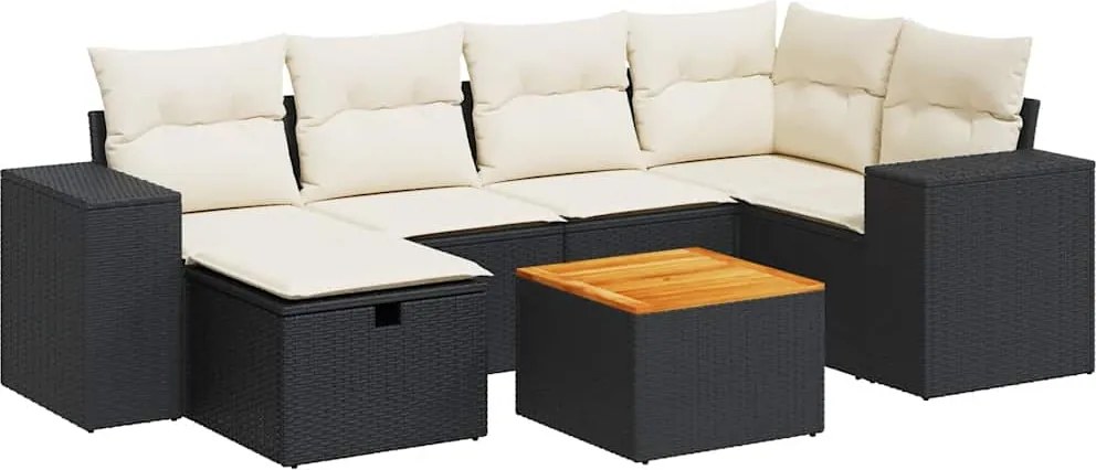 vidaXL 7 részes fekete polyrattan kerti ülőgarnitúra párnával