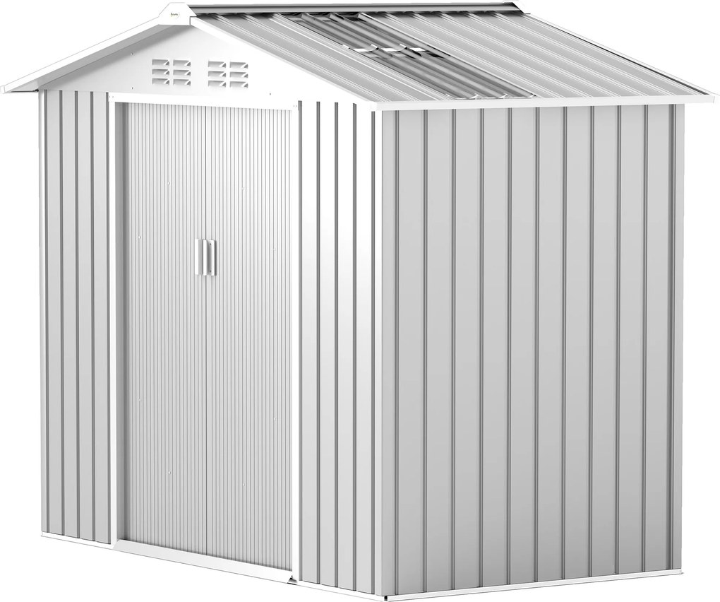 Outsunny Kerti Tároló 2.42m² Erősítő Alappal, Alap Nélkül, 213x130x185 cm, Csúszó Ajtók, Tetőablak és 4 Ablak Eszközök Tárolására, Szürke Ezüst | Aoso
